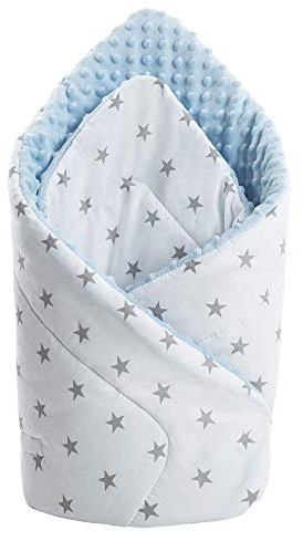 Medi Partners Inslagningsfilt, innerkudde, minky, 100% bomull, 75 x 75 cm, babyhörna, dubbelsidig, mjuk, året runt, multifunktionell, antiallergisk, spädbarn (stjärnor med ljusblå minky)