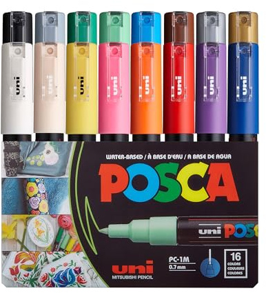 uni POSCA PC-1M Water-Based Paint Markers, Extra Fine Tip (0.7mm), Assorted Colors, 16 Pack
