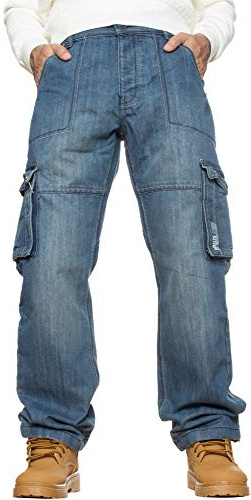 Kruze Mens Designer Combat Trousers Casual Cargo Jeans Work Pants All Waist Sizes, Blue, 32 inches