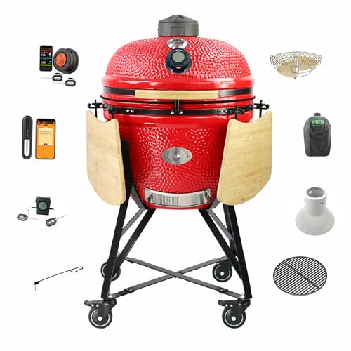 YNNI 25 »ROUGE XL Chip Feeder KAMADO Bundle (Package) Divide & Conquer, Cover, Cast Iron Grate et Kickash Panier TQTT25RE