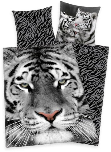 Herding Bettwäsche Set weißer Tiger 135 x 200 cm 80 x 80 cm 100% Baumwolle