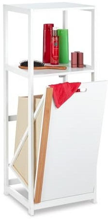 Relaxdays Badregal mit Wäschekorb, 2 offene Ablagen, weiß/Natur | kippbarer Wäschesammler, MDF & Bambus, HBT: 98x36x30 cm