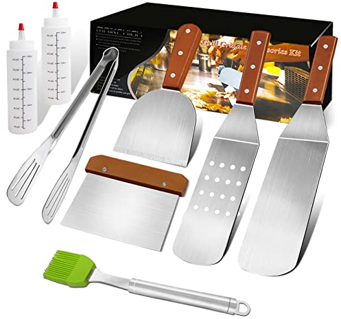 MAIKEHIGH 8Pcs BBQ Grill Spatula Set, Heavy Duty Griddle Scraper Accessories Kit Stainless Steel Burger Flipper Tool Teppanyaki Cooking Utensils for Grilling, Barbecue, Flat Top, Pancake