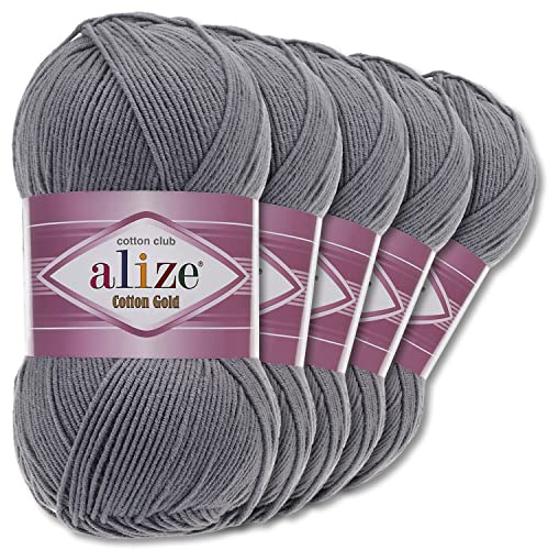 Wohnkult Alize 5 x 100 g Cotton Gold Premium Wolle| 39 Farben Sommerwolle Garn Stricken Amigurumi (87 | Dunkelgrau)