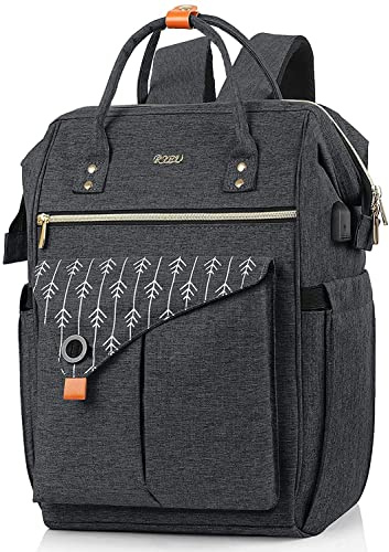 RJEU Women Backpack Travel Laptop Bag - 15.6 Inch Anti Theft Slim Backpack with USB Charging Port, Water Resistant Sturdy- School College, Ergonomic, Fits Notebook, Black