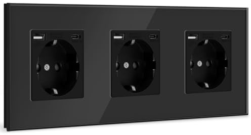 BSEED USB Steckdose Tripel Schwarz Schuko Wandsteckdose mit USB Anschluss (Max. 2.1A) Typ C Port Unterputz Steckdose Glas Ladegerät für Handys, Laptops etc