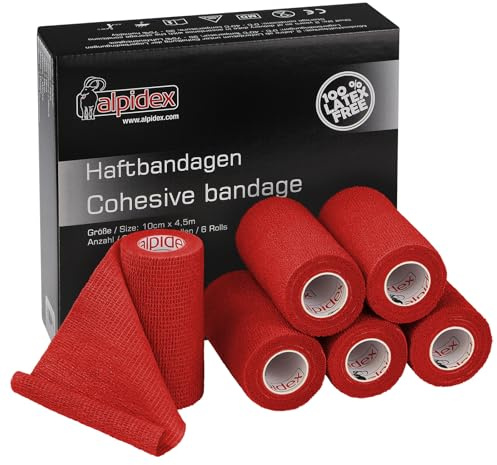 ALPIDEX 6 Rullar Självhäftande Bandage 10 cm x 4.5 m Vet Wrap Sammanhängande Bandage Flexibla Förening, Kinesiotape und Tape:röd