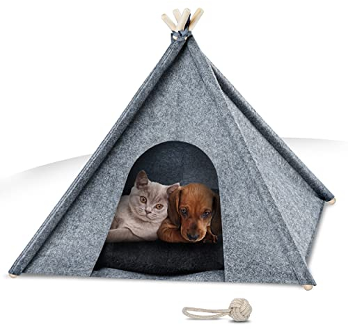 NAPFINO - Gemütliche Hundehöhle & Katzenhöhle - Angenehme Hundehütte Indoor aus Filz - Hundezelt mit weichem Kissen & Anti Milben Bezug - Für Balkon, Garten & Wohnzimmer - Inkl. Spielzeug (Größe S)