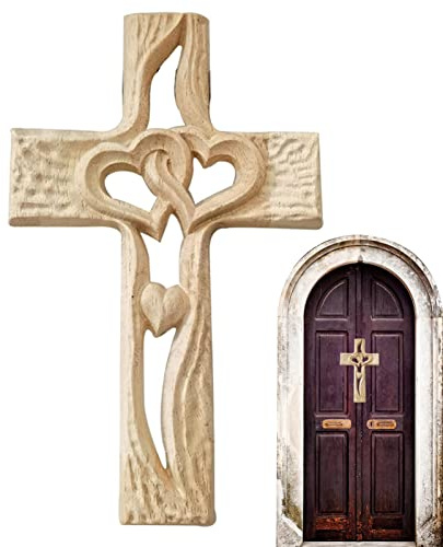 Aferzov Geschnitztes Holzkreuz - Wanddekoration mit verschlungenen Herzen - Symbol der ewigen Zuneigung, geschnitztes -Herzkreuz für die Dekoration des Wohnzimmers