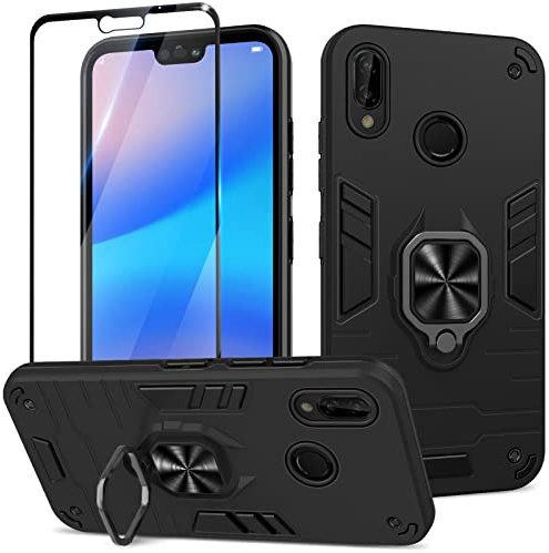 Btstring Hülle kompatibel mit Huawei P20 Lite 2018 mit Schutzfolie, Militär Standard Stoßfest Handyhülle Case Hybrid Metall Ring Halter Schutzhülle Handy Hüllen Cover -Schwarz