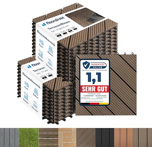 Floordirekt || Royal | Caillebotis Emboîtables | Qualité Supérieure Résistant aux intempéries | Idéales sol Extérieur, Terrasse, Balcon | 2m² | 30x30cm, Marron foncé diagonal