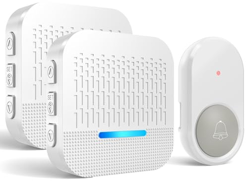 SURFOU Sonnette Sans Fil Exterieur Etanche Carillon Sonnette 300m Distance Émetteur Extérieur et Récepteur Intérieur 55 Sonneries Incluant Noël 5 Volumes au LED Bleu, Blanc