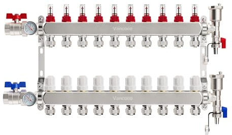 VANCOCO Heizkreisverteiler Edelstahl für 10 Heizkreise mit Eurokonus 16 × 2 mm, Fußbodenheizung Verteiler, Schnellentlüfter Set, 1 Kugelhähne, Durchflussmesser