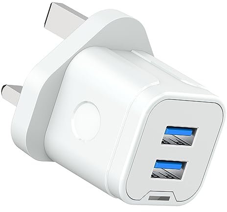 ZIPENDAR USB Plug,Dual USB Charger Plug Adaptor UK 3 Pin Mains Charger Double Port 5V 2Amp Phone Charging Plug Compatible with iPhone 16 15 14 13 12 11 Pro Max 10 XS X XR 8 7 6 6S Plus 5 SE 2020,iPad