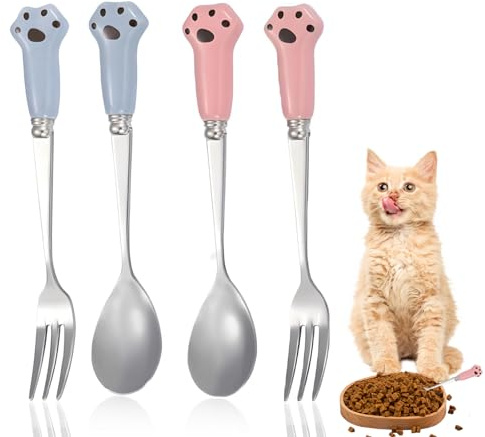 MEKEET 4PCS Pet Food Spoon 5in Small Pet Food Fork Set Stainless Steel Pet Feeding Spoon with Ears Creative Cat and Dog Feeding Spoon for Wet Food (Blue,Pink)