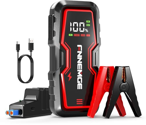 FNNEMGE Auto Starthilfe Powerbank, 4000A Spitzenstrom, geeignet für 12V Auto-Batterien (bis zu 8,0L Benzin- und 6,5L Diesel-Motoren), mit USB-Ladeausgang, LED-Licht und HD-Großbildschirm
