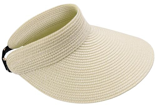 MK MATT KEELY solhattar för kvinnor justerbar halm strand visir hattar damer packbar stor kant hästsvanshatt, BEIgE, en storlek