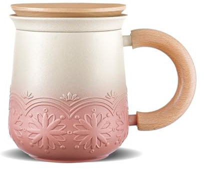 ZENS Tea Mug with Infuser and Lid, 400ml Embossed Ceramic Tea Cup with Strainers