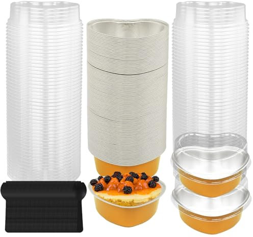 Vasos para hornear en forma de corazón, paquete de 100 moldes desechables de papel de aluminio para hornear, tazas de pudín con tapas, moldes para magdalenas con tapas, molde de aluminio de 3.4 onzas,