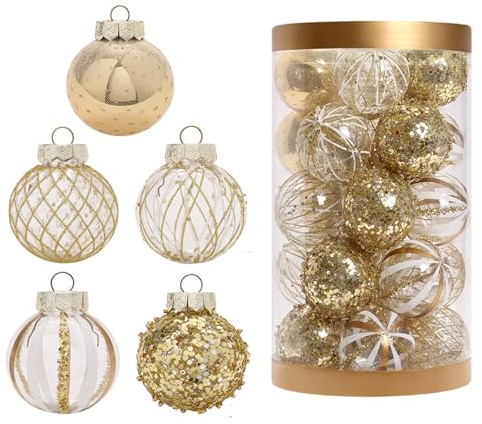 25 Stück Weihnachtsbaumkugeln Platin Weihnachtsdekoration Baumschmuck Baumkugeln Kunststoff Set Weihnachtskugeln Weiß Gold Transparent bemalt Set Christbaumkugeln Werden zum Aufhängen verwendet