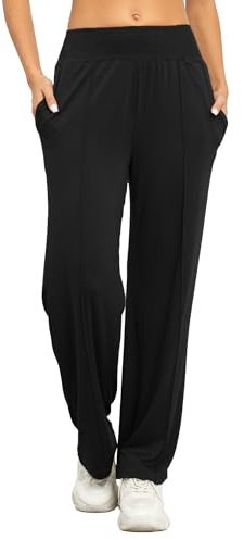 Famulily Black Pull On Trousers Womens Elasticated Waist Wide Leg Joggers Palazzo Yoga Pants with Pockets (M, Black)