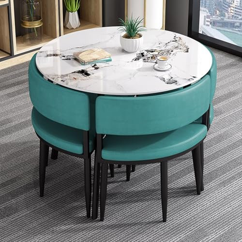 Kombination aus Empfangstisch, Runder Konferenztisch für 4 Personen, 90 cm Rockboard-Tischplatte, Rahmen aus Karbonstahl, Empfangstisch, 1 Tisch, 4 Stühle, Couchtisch für Geschäftskonferenzräume(Blue)