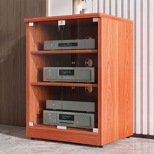 JIAOCKJIAO Stereoschrank, Audio Rack Hi Fi Regal mit Glastür, Hi Fi Rack mit Kabellöchern, AV Phonoschrank, Moderner TV-Ständer aus Holz, mit Verstellbaren Regalen(Brown,3 Tier 120x48x54CM)