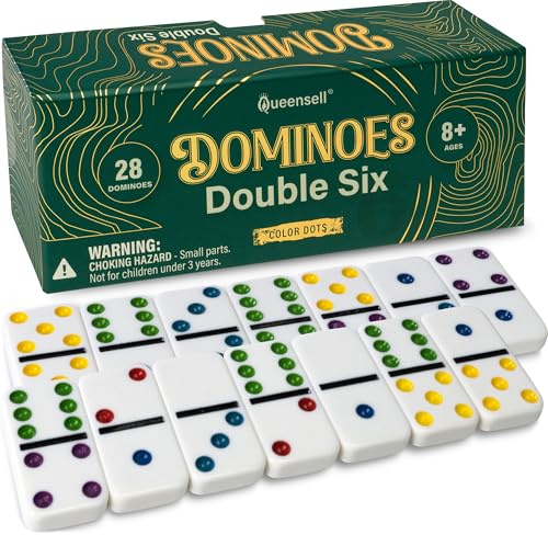 Dominos Set for Adults with Colored Dots - Double 6 Dominoes Set is a Classic Board Games for Kids and Adults - Double Six Standard Dominos Set 28 Tiles