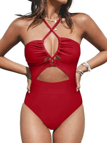 CUPSHE Costume da bagno da donna con allacciatura al collo, monokini, stampa animale, cutout, crossover, costume da bagno intero, Colore: rosso, S