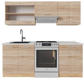 Vicco Küchenzeile R-Line, Küchenblock, Sonoma/Goldkraft Eiche, 200 cm, AP Marmor