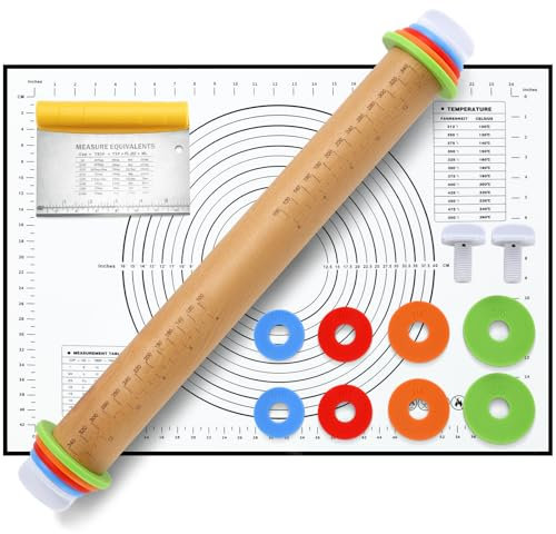 Pleafind - Mattarello, Mattarello in legno con una lunghezza di 17,5 pollici e anelli di spessore regolabile, Set da 3 pezzi per arrotolare la pasta, mattarello per cuocere pizza, pasta, biscotti