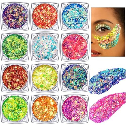 Festival Glitzer Gesicht, 12 Stück Body Glitter Gel Festival Zubehör Gadget | Face Body Glitter Festival Accessoires Gadget,Haar Glitzer Festival Gesichtsglitzer Halloween Schminke Karneval Körperglitzer