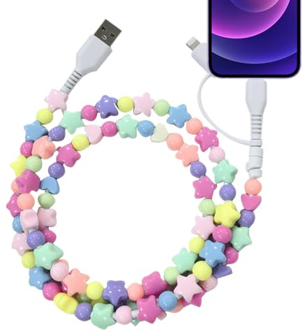 Beaded Phone Charger,Beaded Charging Cable Cute Colorful Beads Suitable for Girls and Kids High Speed Fast Charging Cable Suitable for Apple and Android Type-C (Colorful Starse)