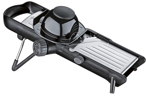 KÜCHENPROFI Gemüsehobel COMFORT, 1–9mm Schnittstärke, Edelstahl | Mandoline für Gemüse und Obst, rutschfeste Füße, stufenlos verstellbare Schnittstärke, mit Restehalter und Klingenschutz