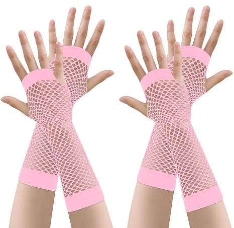 JUNART 2 par näthandskar kvinnor långa högelastiska fingerlösa handskar för kostymer tillbehör för halloween cosplay retro fest, lång-2 rosa, Long