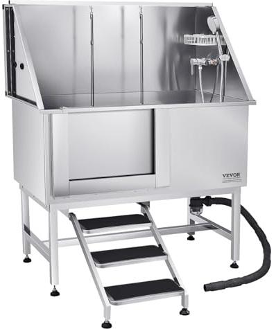 VEVOR Baignoire de Chien Acier Inoxydable, Baignoire de Toilettage pour Animaux de Compagnie 127 cm Station de Lavage Chat, avec Escalier, Panneau Filtre à Eau, Robinet, Pommeau Douche, Porte Gauche