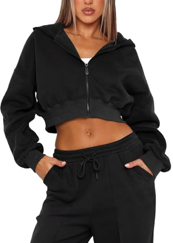 Navneet Sweatjacke Damen Crop Zipper Hoodie Kapuzenpullover Oversize Sweatshirt Jacke Pulli Herbst Y2k Tinte Schwarz M