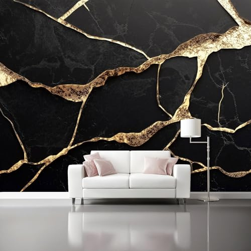Large Wallpaper 250 x 175 cm, Abstract Golden Cracks Theme Custom Size 3D Wallpaper Mural for Living Room Bedroom Office Dining Room Children's Room, Black Wall Murals Decor