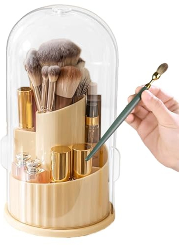Nhujevkom Soporte para brochas de maquillaje para tocador, organizador de lápiz labial de escritorio, rotación de 360 grados, recipientes a prueba de polvo con tapa para almacenamiento de brochas de