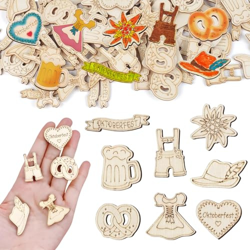 104 Stück Oktoberfest Deko,Streudeko Oktoberfest-Tischdekoration, Naturholzfarbe Bayrische Deko, mit Lederhosen, Bierbechern, Brezeln und Anderen Mustern, Geeignet für Oktoberfestpartys,3-4 CM
