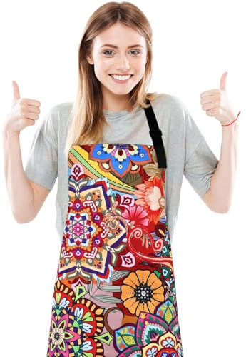 saerryor Kitchen Aprons for Women, Adjustable Cartoon Chef Aprons with Large Pocket, Cute Print Apron for Cooking Baking Gardening Coffee House Shop