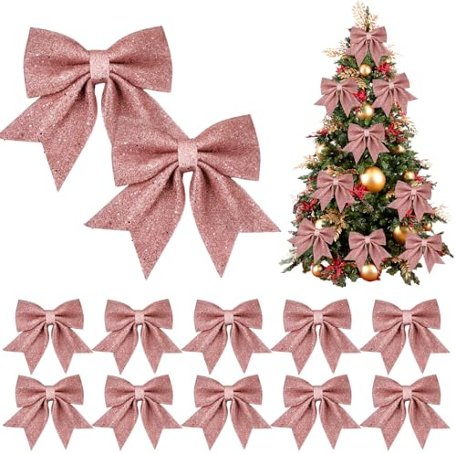 Eopvttge 12 Stück 12cm x 15cm Weihnachtsschleifen, Rose Gold Glitzer Schleifen Weihnachtsbaum, Geschenkschleifen Weihnachten, für Weihnachtskranz Geschenke Deko Weihnachtsbaum Deko Weihnachtsfeiern