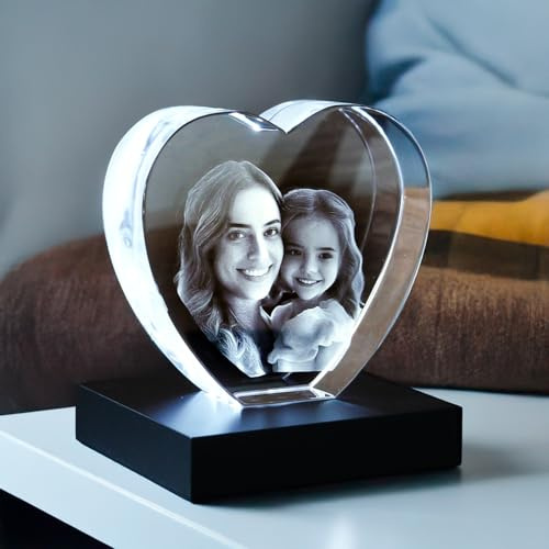 contento – 3D Glasherz – personalisiertes Glasfoto mit 3D Bild im Kristallglas – Geschenkidee für Weihnachten, Valentinstag, Jahrestag, Geburtstag Größe: M 130x120x40 inkl. Leuchtsockel