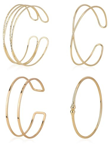 Set de 4 Brazaletes Dorados Mujer Ajustables, Pulsera Abierta de Brazo Superior en Aleación, Conjunto de Joyería Minimalistas, Accesorios de Moda Boho Chic para Fiestas, Bodas, Cumpleaños y Uso Diario