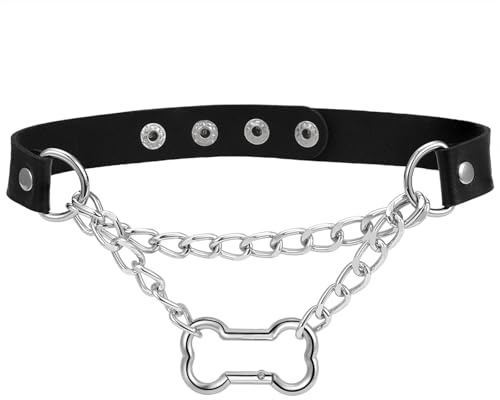 Flongo Choker Halsband Leder für Damen: Silber Gothic Knochen Anhänger Kette - Verstellbar O-Ring Punk Rock Halskette - Halloween Festival Dark Alternative Schmuck - Slip Chain 39-43cm