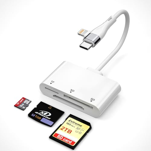 Lector de tarjetas XD, adaptador de tarjeta de memoria SD/TF/XD 3 en 1 con USB-C y Lightning, compatible con Olympus xD-Picture Card/SD/MicroSD, para iPhone 17/16/15/14/iPad/Android/MacBook