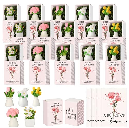 VioraWhite 36 Sets Thank You Gifts for Women Bulk Mini Tiny Flowers with Flowerpot Vase Box Motivational Office Desk Decor Employee Appreciation Gifts for Social Worker Teacher Office Staff Team