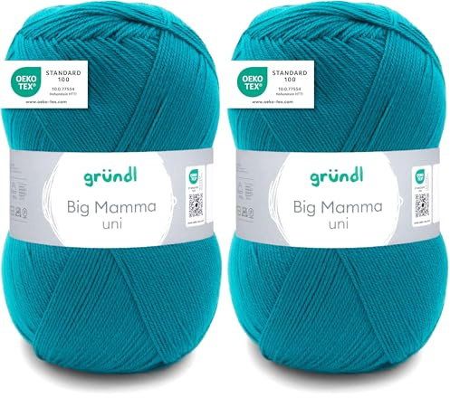 Gründl Wolle Big Mamma uni - XXL Wolle zum Stricken - Strickgarn - Weich und hautfreundlich - 100% Polyacryl - 1 Knäuel 400 g / 1040 m - Nadelstärke 3,5-4,5 - petrol (Packung mit 2)