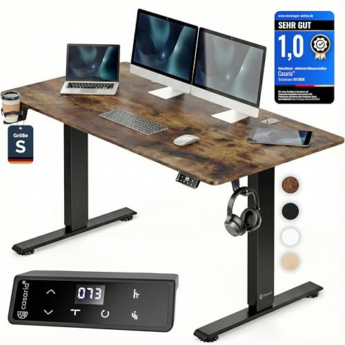 Casaria® Höhenverstellbarer Schreibtisch elektrisch 120 x 60 cm mit Wireless Charger & USB-C/A Anschluss LCD-Display Memory-Funktion 80 kg belastbar ergonomisch Vintage-Braun