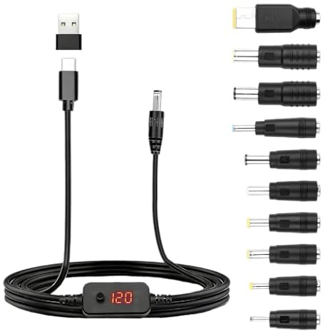 Heyung USB C PD to DC Adapter Power Cable Charger 5V 9V 12V 15V 20V 60W,Adjustable Voltage Universal Charging Power with 10 DC Conversion Heads,Type C Male to 5.5 X 2.1mm DC Male Plug
